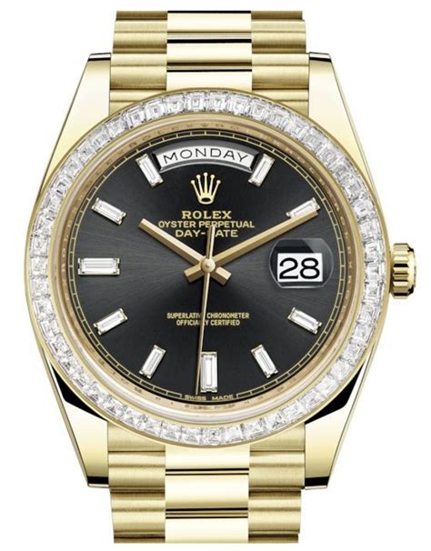 rolex day date gold black dial replica|gold rolex with diamond bezel.